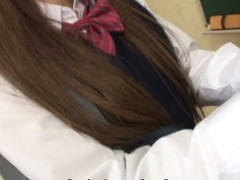 Hawt brunette hair student Ria Sakurai gets exposed for school principal after the classes and gets her slit stimulated by vibrator in advance of that babe gives head to him and other professors on her knees and getting banged hardcore in group sex session on the desk